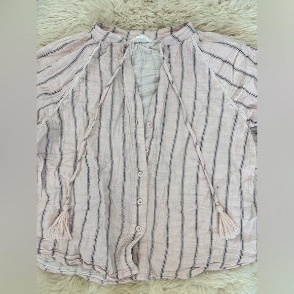 ALLISON NEW YORK Cotton Gauze Button Down Tassel Detail Top - Blush Pink Stripe - Picture 5 of 7